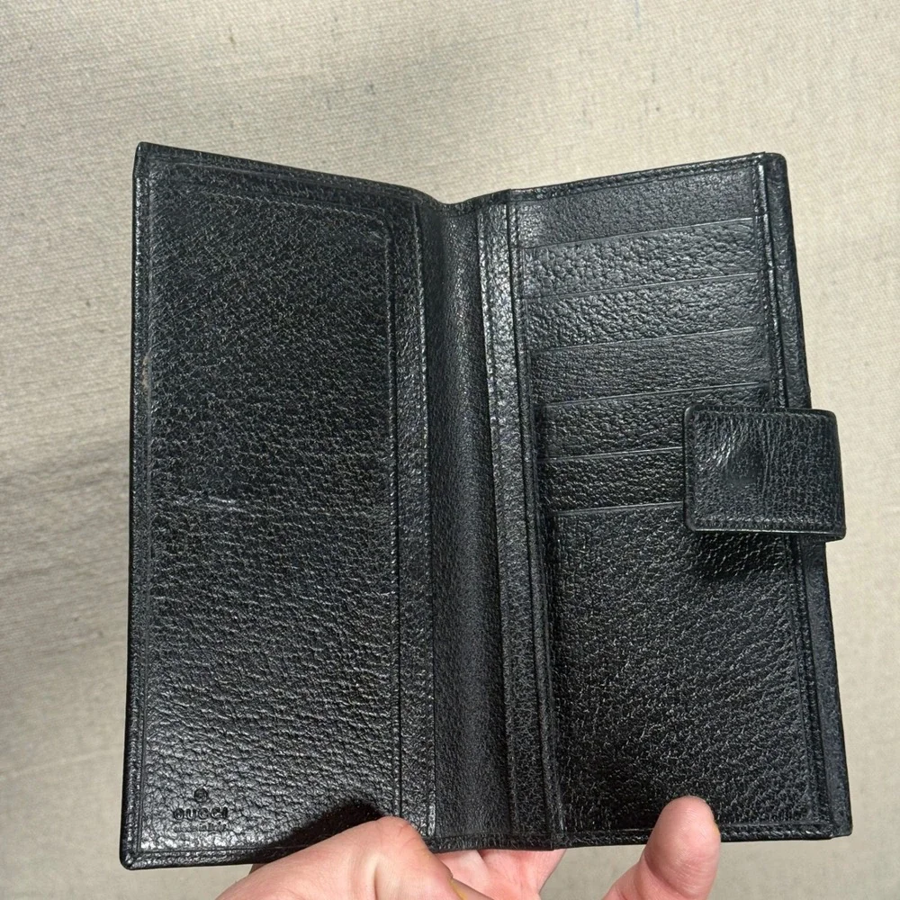 Vintage Gucci Black Pigskin Leather Long Wallet Silver Logo Bar Archival - Picture 4 of 9